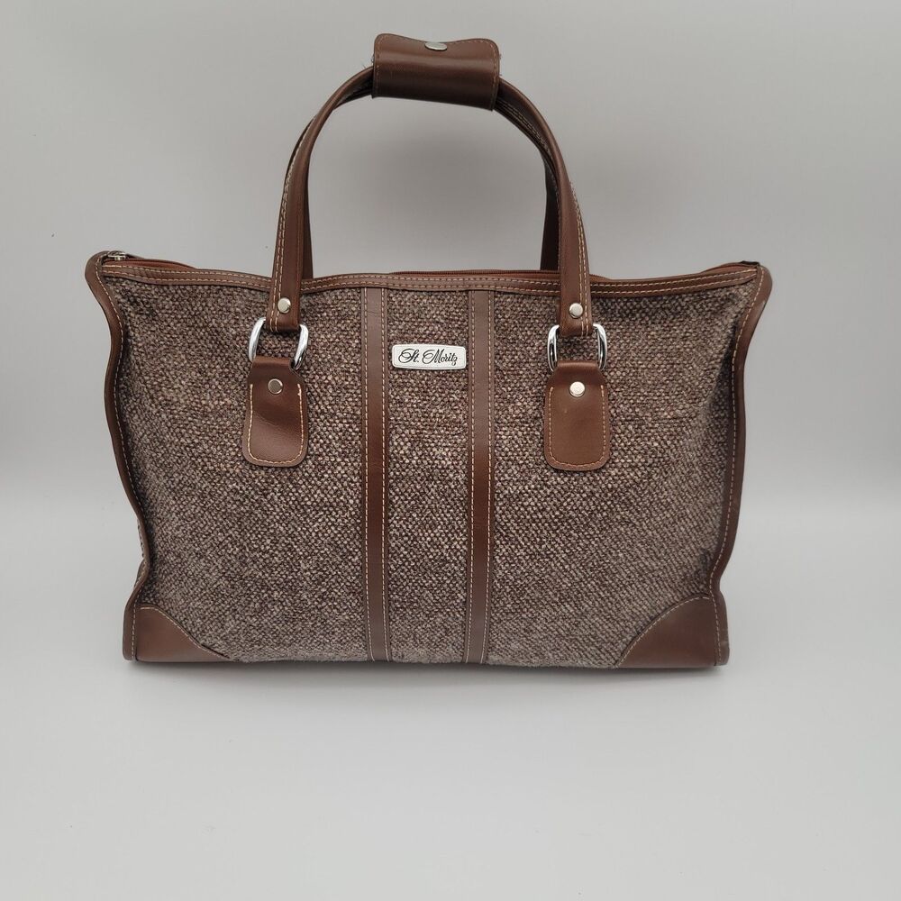 Vintage St. Moritz Women’s Brown Tweed Duffle Travel Carry Bag Faux Leather Trim